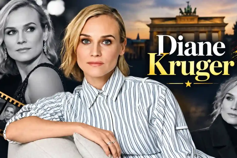 Diane Kruger Porträt mit filmischem Hintergrund und deutschen Farben